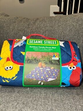 Sesame Street Blue Picnic Mat with Red Trim and Yellow Characters